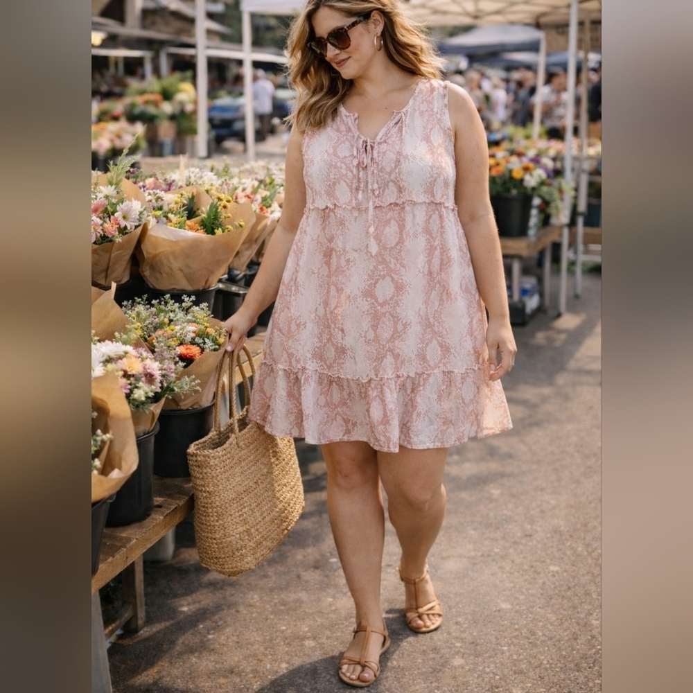 Coastal Boho Blush Snake Print Babydoll Dress | Tiered Ruffle Hem | Size Laege